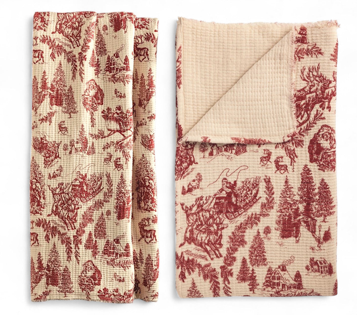 Red Toile Christmas Muslin Throw Blanket
