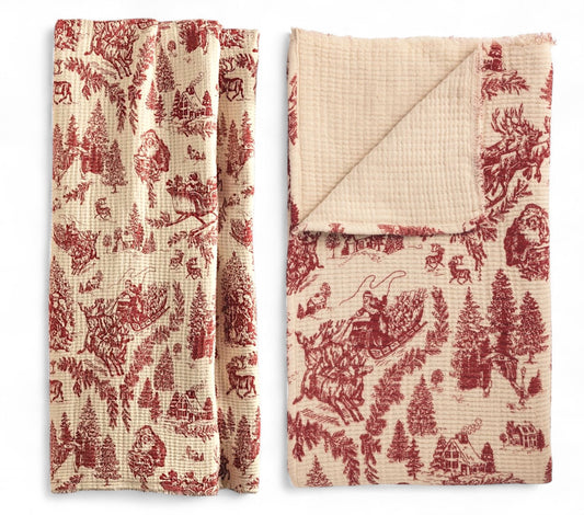 Red Toile Christmas Muslin Throw Blanket