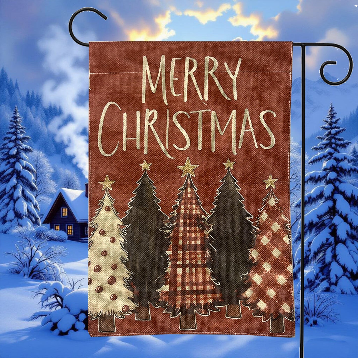 Red Merry Christmas Trees Garden Flag featuring patterned trees and festive text on a red background.