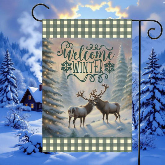 Welcome Winter Reindeer Garden Flag featuring two graceful reindeer in a snowy winter scene.