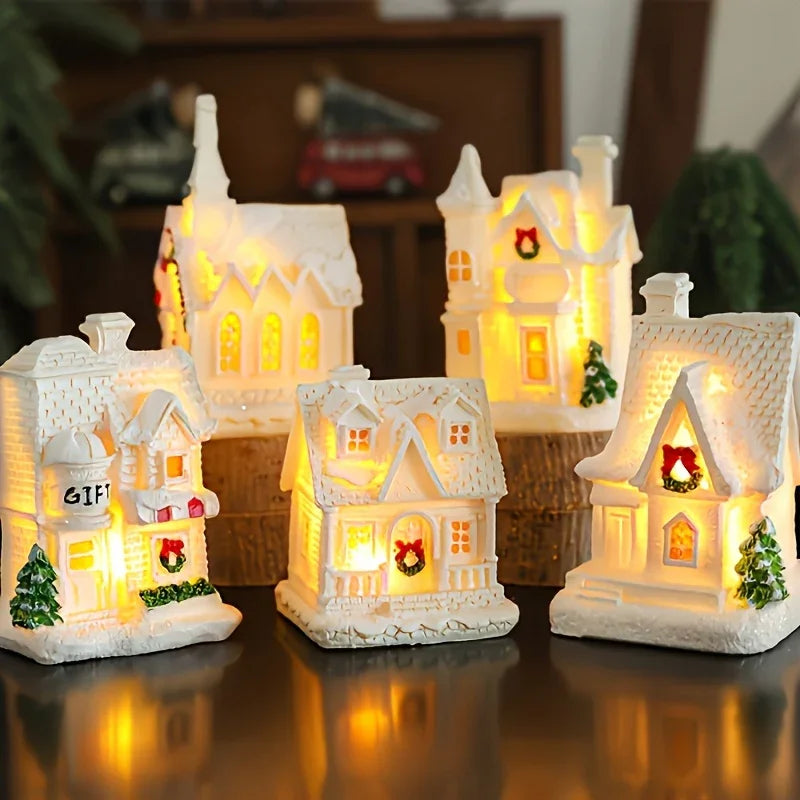 Resin Christmas House Lights, 5-Style Collectible Holiday Decorative Ornaments