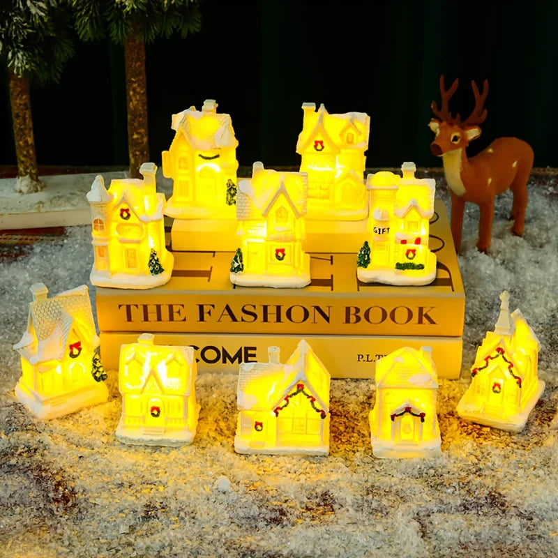 Resin Christmas House Lights, 5-Style Collectible Holiday Decorative Ornaments