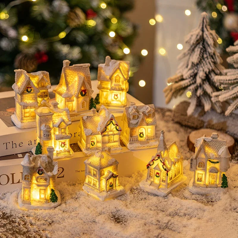 Resin Christmas House Lights, 5-Style Collectible Holiday Decorative Ornaments