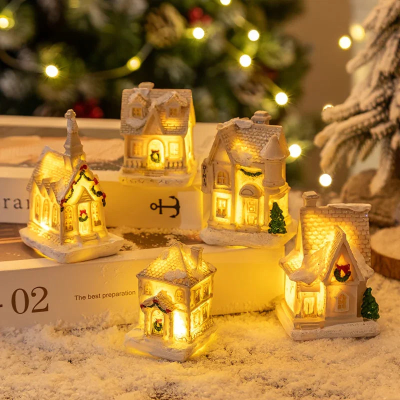 Resin Christmas House Lights, 5-Style Collectible Holiday Decorative Ornaments