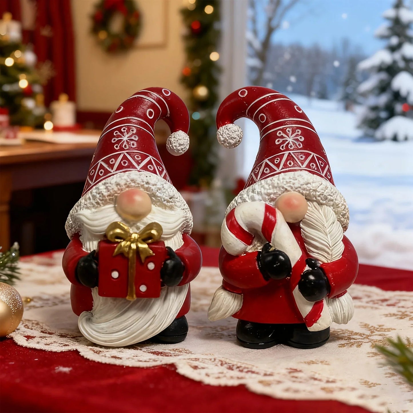 Resin Heart-Shaped Gnome Figurine with Red & White Gnomes and Black Arms