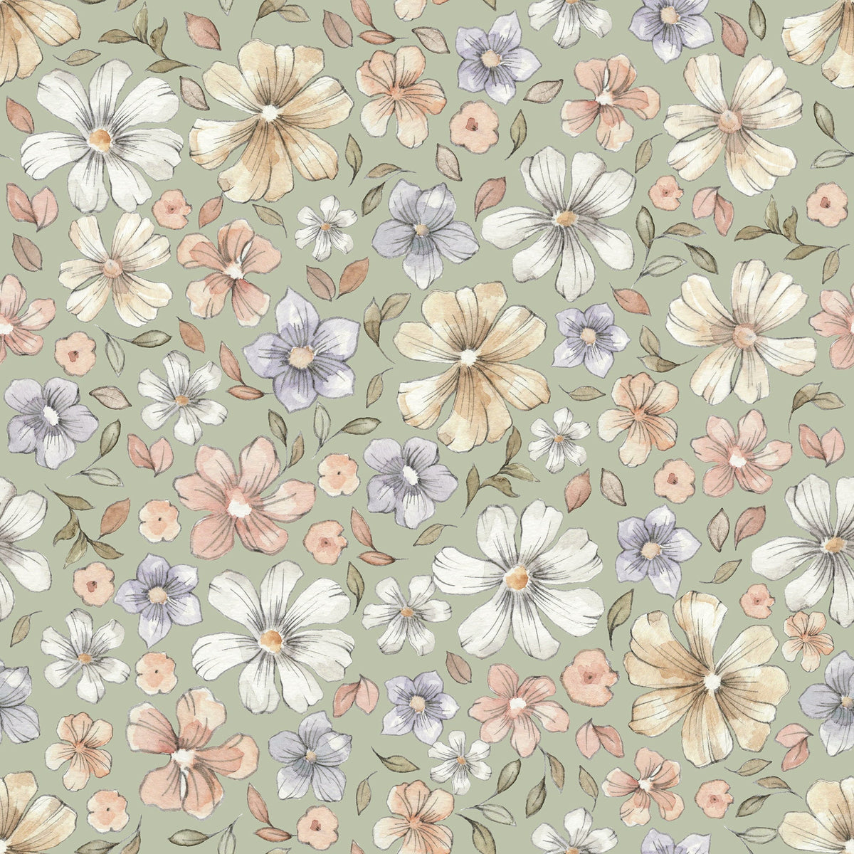 Sage Green Watercolor Retro Floral Wallpaper