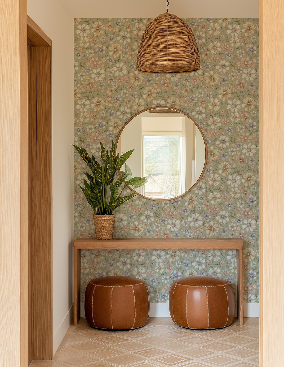 Sage Green Watercolor Retro Floral Wallpaper