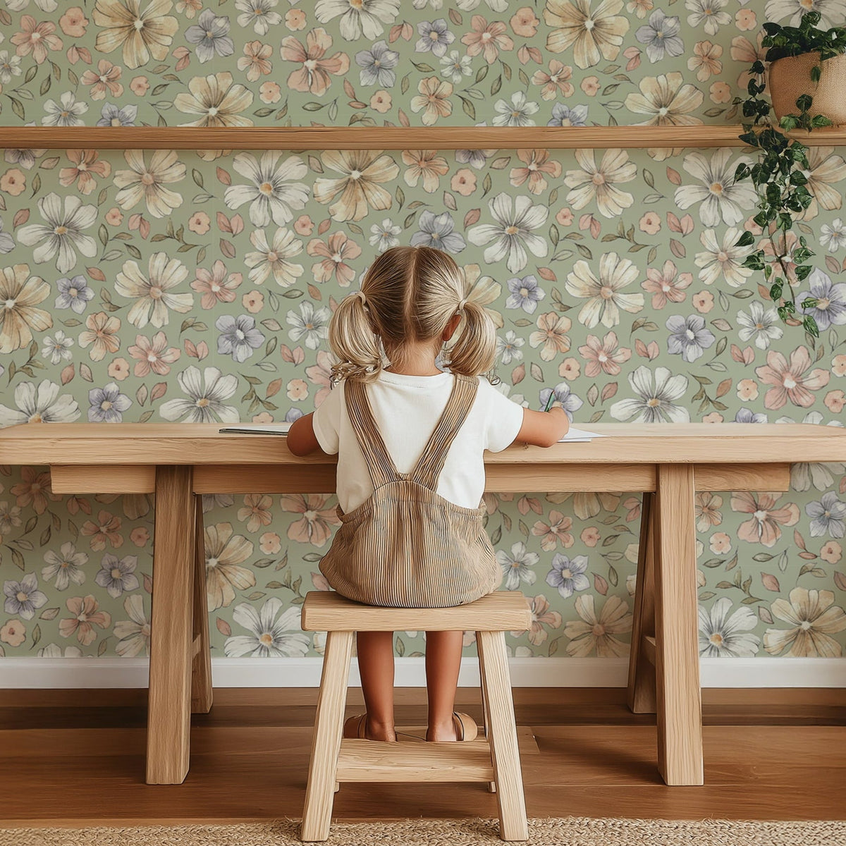 Sage Green Watercolor Retro Floral Wallpaper