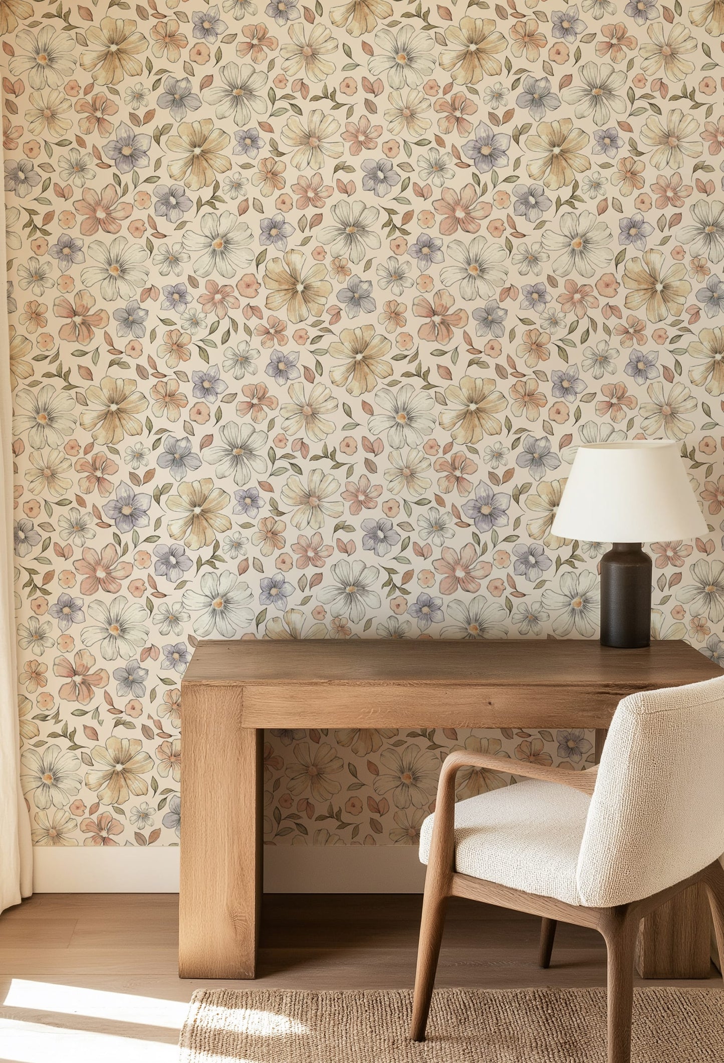 Pastel Meadow Bloom Wallpaper – Watercolor Retro Floral Elegance
