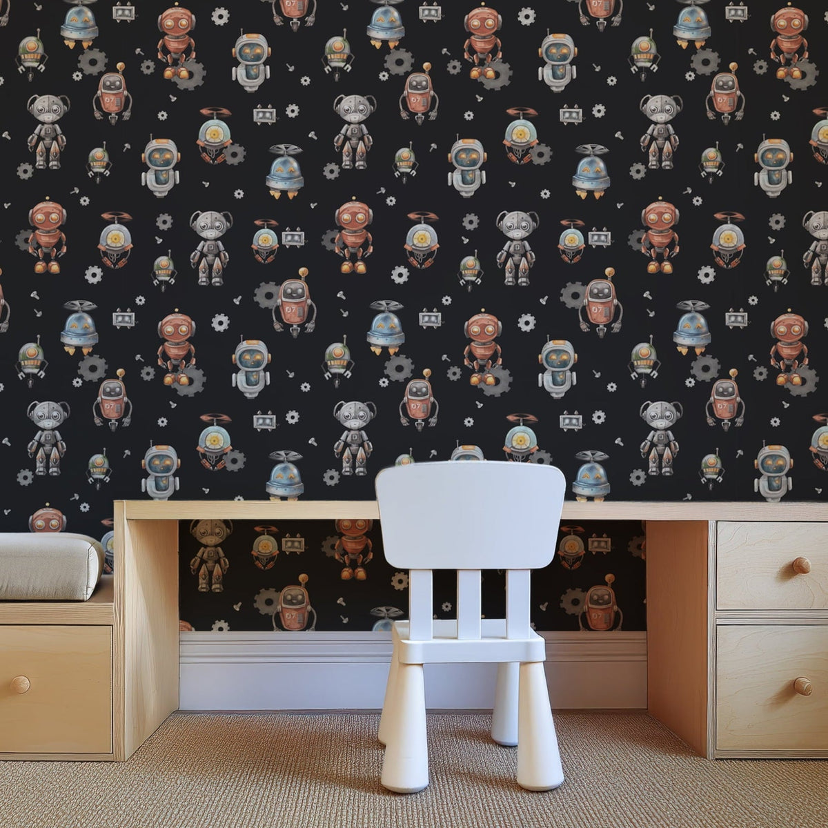 Retro Robot Wallpaper – Playful Kids & Nursery Wallcovering