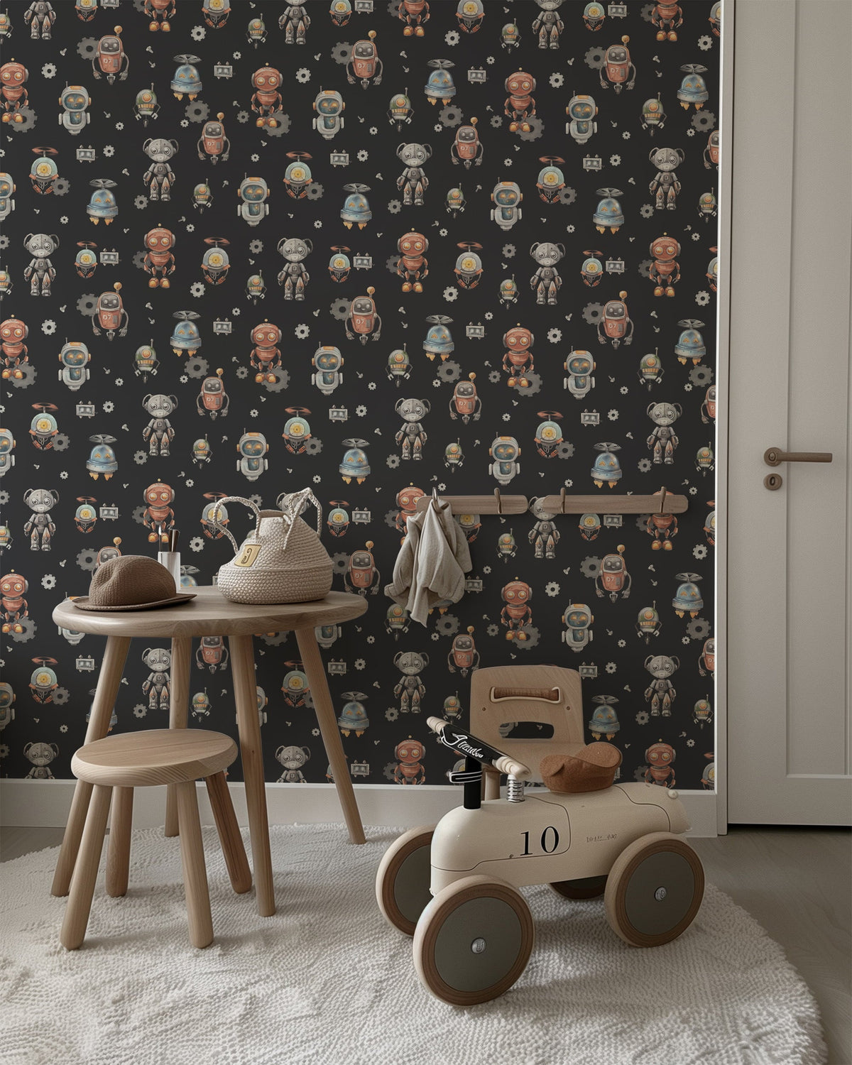 Retro Robot Wallpaper – Playful Kids & Nursery Wallcovering
