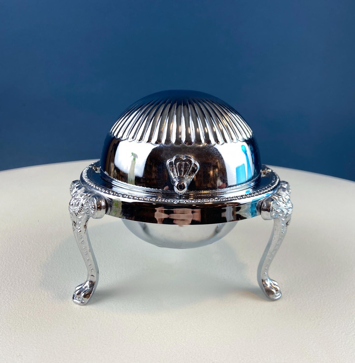 Iruinware Caviar Dome Dish Made in British Hong Kong. Silver Metal Serving Bowl. Lion Feet Dome Lid. Table Setting. Stylish Housewares.