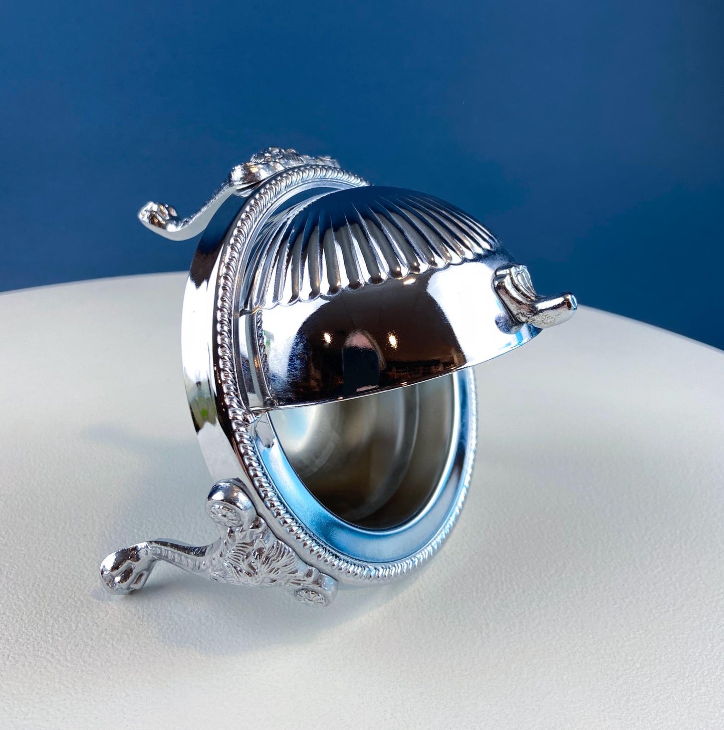 Iruinware Caviar Dome Dish Made in British Hong Kong. Silver Metal Serving Bowl. Lion Feet Dome Lid. Table Setting. Stylish Housewares.