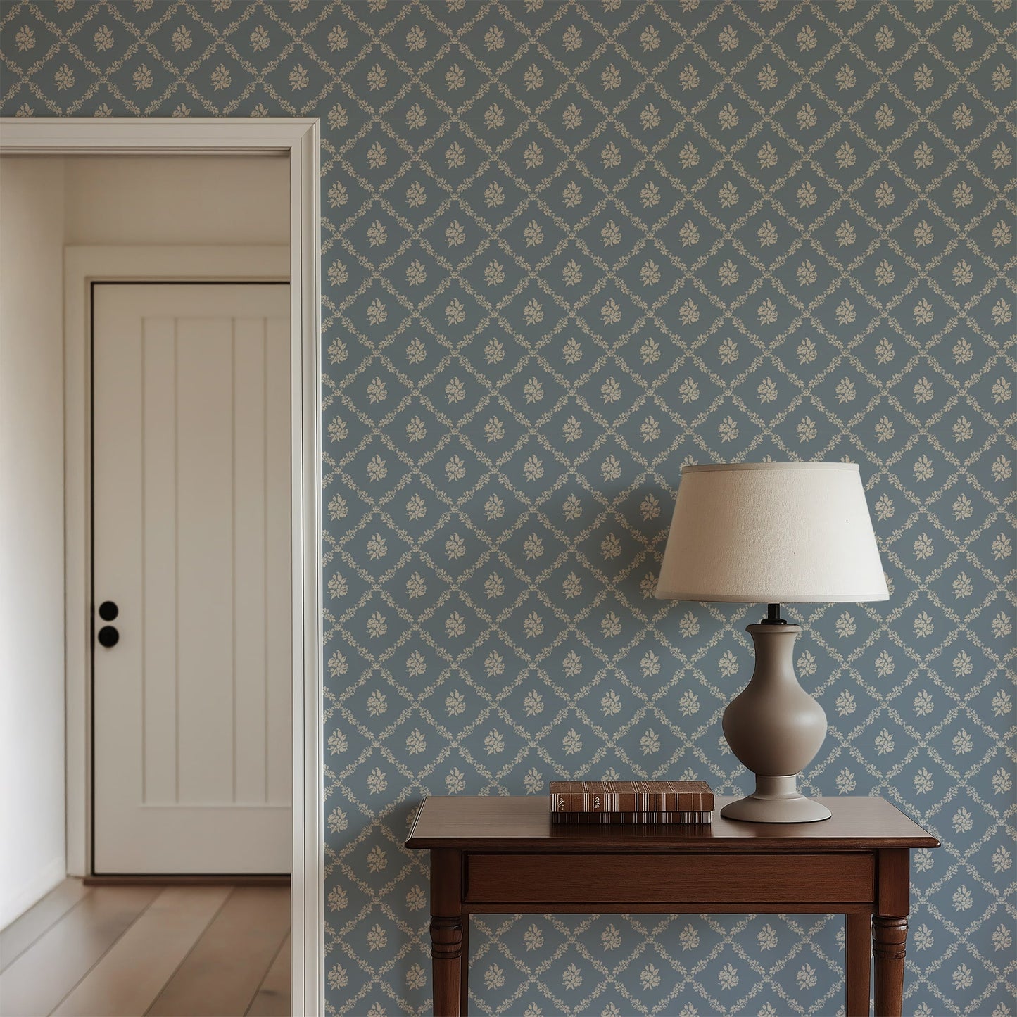 Della Blue Wallpaper | Vintage Floral Diamond Lattice