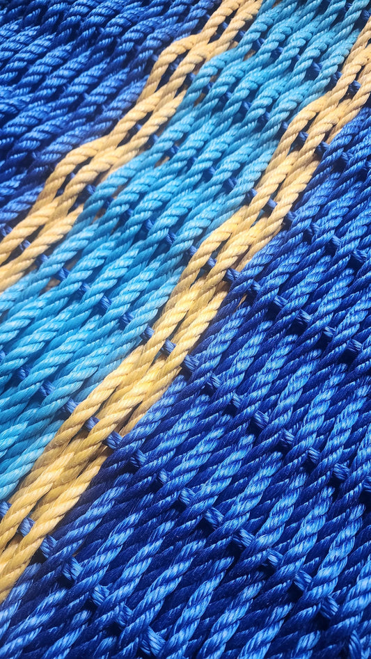 Rope Mat made with Lobster Rope, Two Tone Blue, Yellow accent