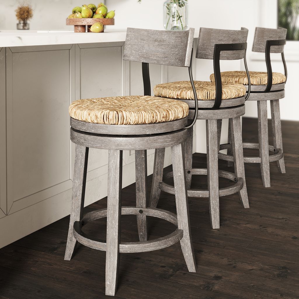Eden Stool with Seagrass Seat in Gray featured in a modern farmhouse kitchen setting.