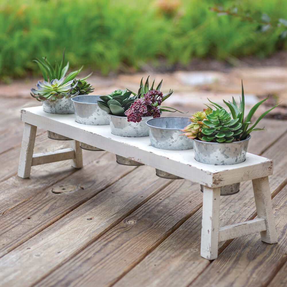 Rustic Farmhouse Bench Planter with Galvanized Pots