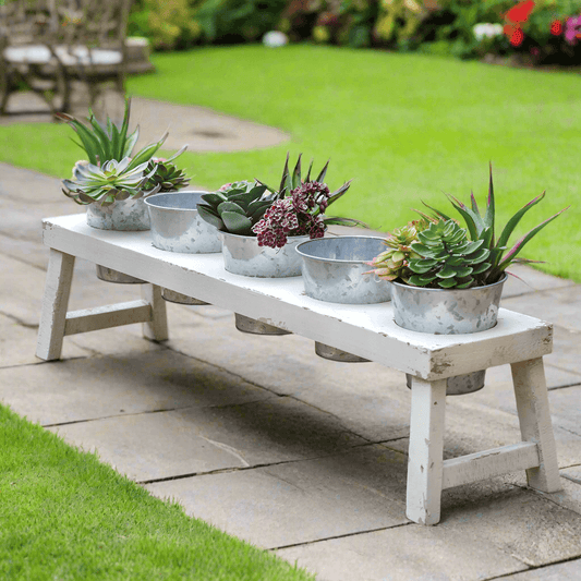 Rustic Farmhouse Bench Planter with Galvanized Pots