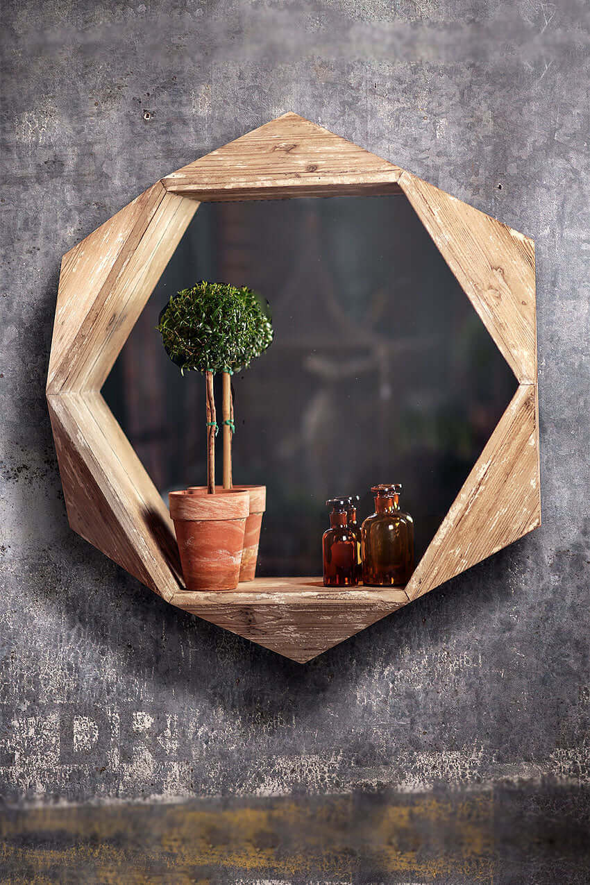 Rustic Hexagonal Wood Vintage Wall Mirror