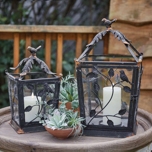 Rustic Lanterns with Birds and Leaf Scrollwork (Set of 2)
