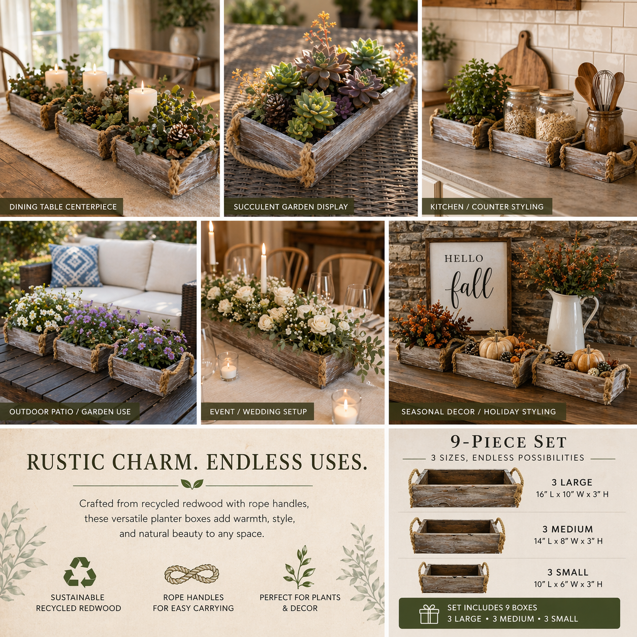 Rustic Redwood Planter Box Set with Rope Handles (9-Piece Collection)