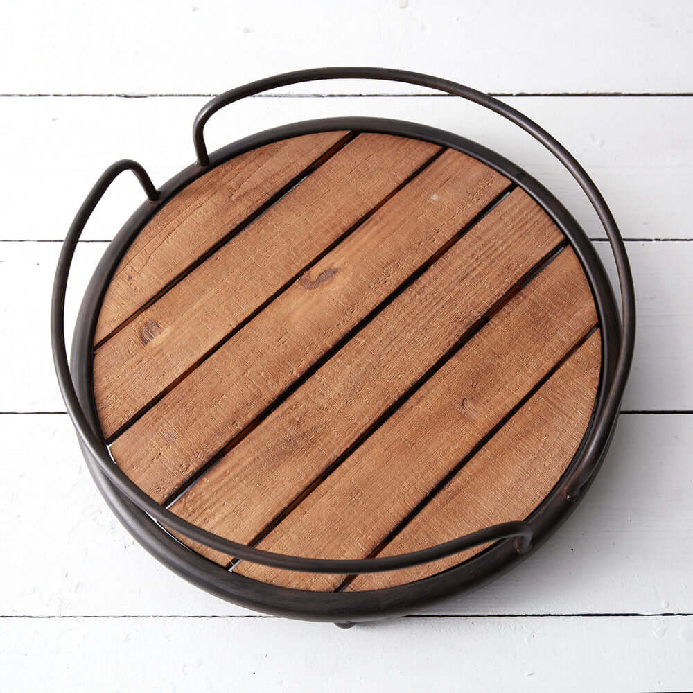 Rustic Round Wood Tray with Metal Handles