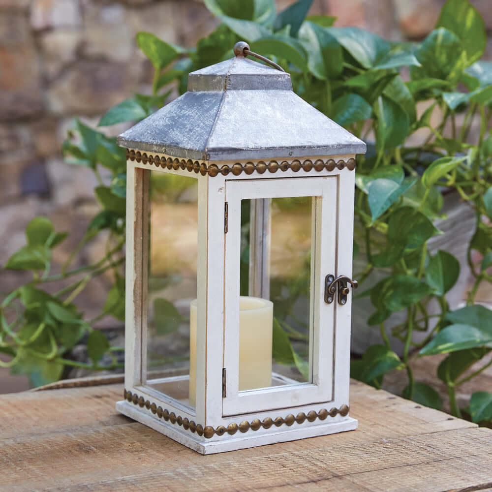 Rustic White Farmhouse Lantern with Brass Stud Detail