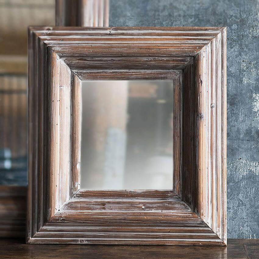 Rustic Whitewashed Square Vintage Wood Wall Mirror