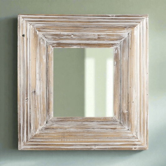 Rustic Whitewashed Square Vintage Wood Wall Mirror