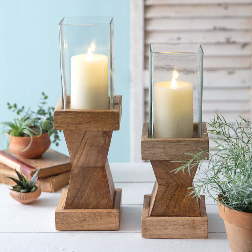 Rustic Wood Candle Holders with Glass Chimney (Set of 2)