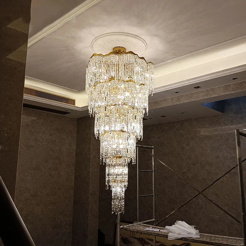 Elegant Golden Art Staircase Grand Chandelier - Luxury Crystal Illumination for Villa Halls with High Ceilings