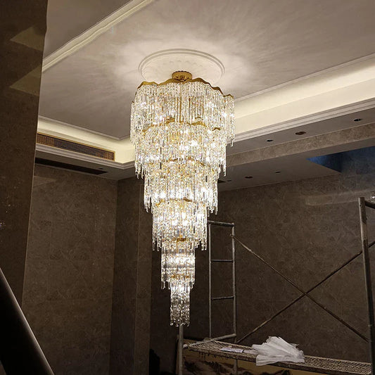 Elegant Golden Art Staircase Grand Chandelier - Luxury Crystal Illumination for Villa Halls with High Ceilings