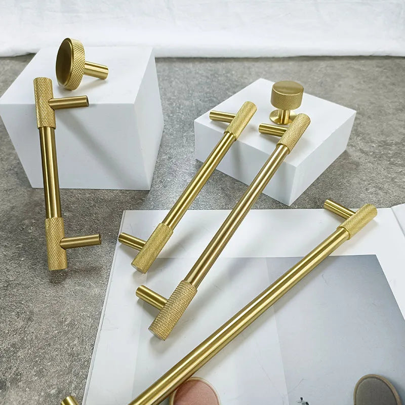Solid Brass Knurled Cabinet Handles – Satin Gold Long Wardrobe Bar Pulls and Drawer T-Bars