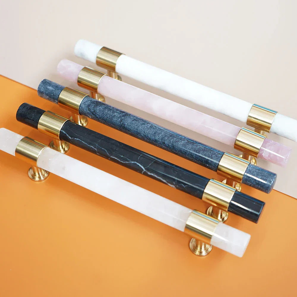 Natural Marble and Crystal T-Bar Cabinet Handles – Modern Brass Knobs for Kitchen, Dresser, and Furniture Pulls