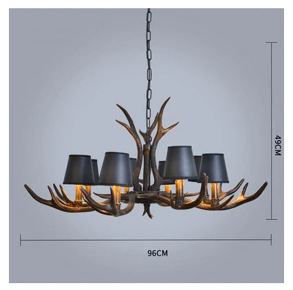 American Industrial Antler Chandelier with Vintage Black Lampshade - Perfect for Dining Rooms, Villas, and Living Spaces