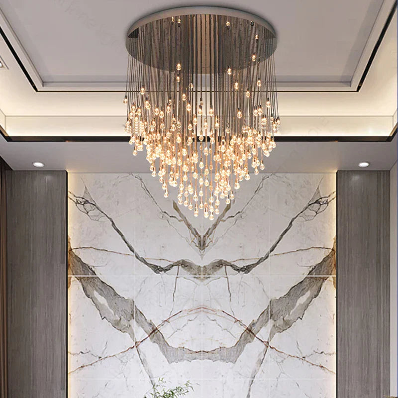 Exquisite Modern Long Staircase Chandelier - Large Gold LED Luxury Crystal Ball Fixture for Grand Living Spaces and Hotel Exhibitions