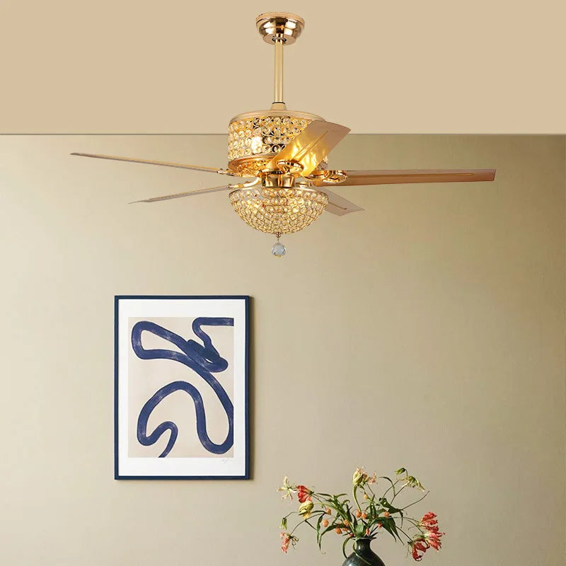 52 Inch Crystal Ceiling Fan with Lights Chrome Chandelier Remote Control Reversible Wood Blades for Living Room Bedroom