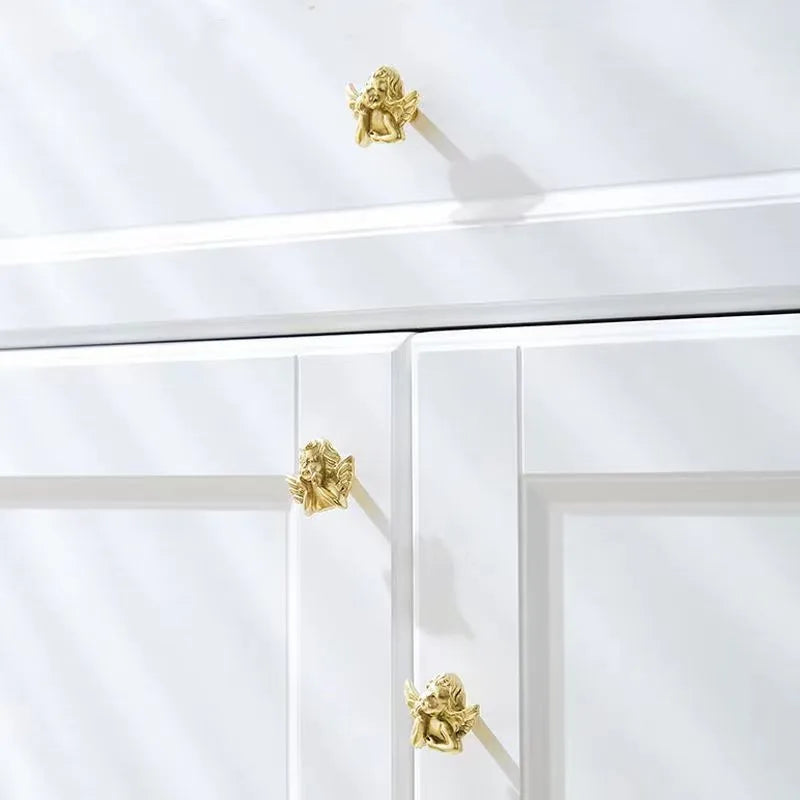 Brass European Angel Cabinet Handles - Vintage Gold Knobs for Wardrobes, Dressers, and Drawers
