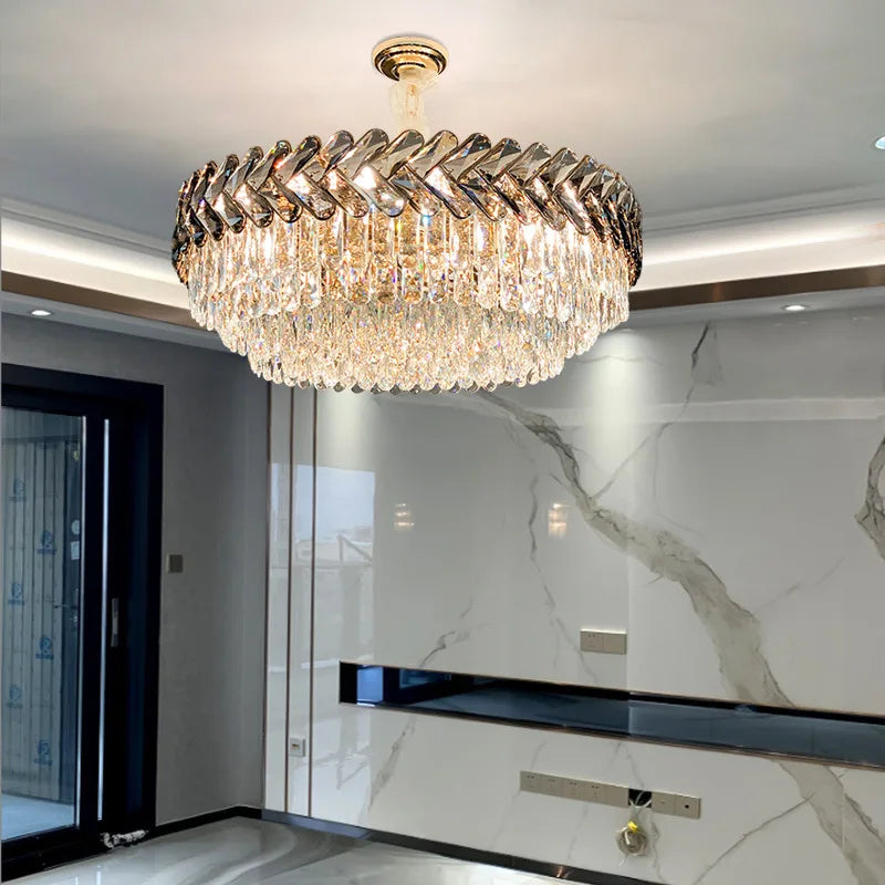 Luxury Living Room Crystal Chandelier - Elegance in Round Gold Design with LED Illumination