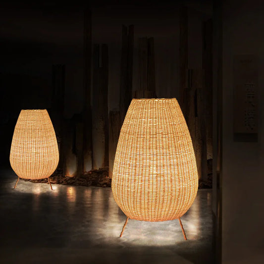 Asian Natural Rattan Floor Lamp - Versatile Indoor and Outdoor Lighting for Living Spaces