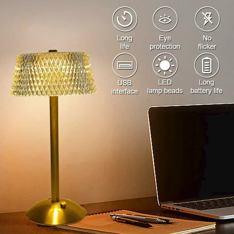 Crystal Diamond Table Lamp - Retro LED Bar Desk Lamp with USB Rechargeable Eye Protection Night Light