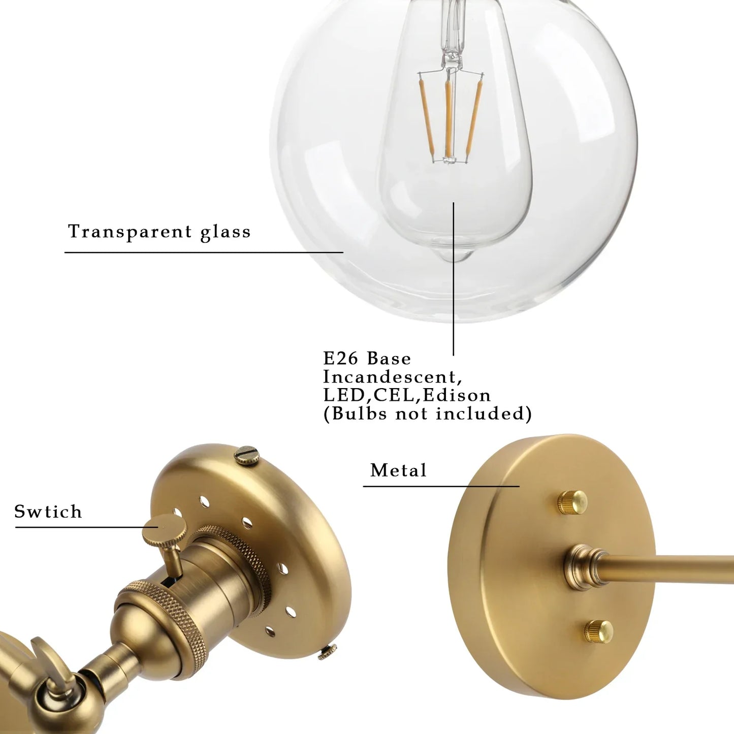 Phansthy Vintage 2 Light Wall Sconce - Industrial Wall Light with Dual 5.9 Inches Globe Glass Lampshades