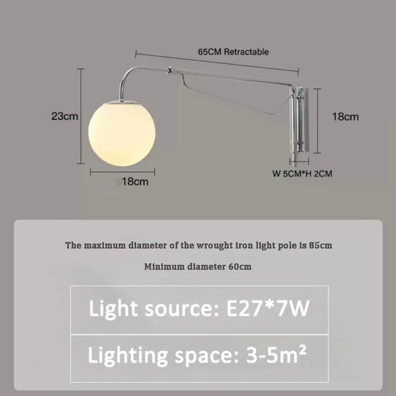 Rocker Arm Wall Lamp - Modern Bedroom and Living Room Reading Light with Milky White Glass Bubble Lampshade