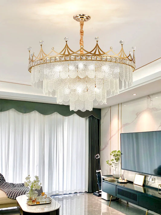 Elegant Modern Minimalist Crown K9 Crystal Chandelier - A Round Golden Fixture for Living Rooms and Bedrooms