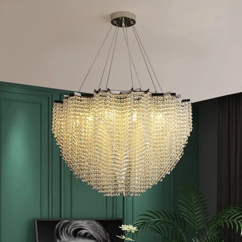 Modern Crystal Chandelier - Luxury Staircase Illumination with Chrome Accents and LED Elegance