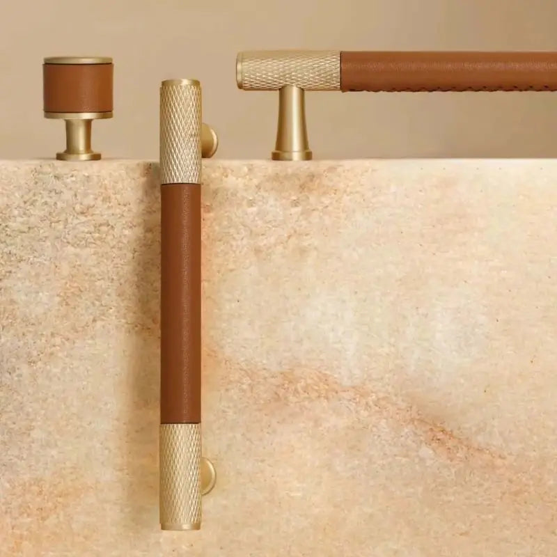Brown/Black Leather Handles – Brass Knurled Cabinet Bar Handles and Furniture Knobs