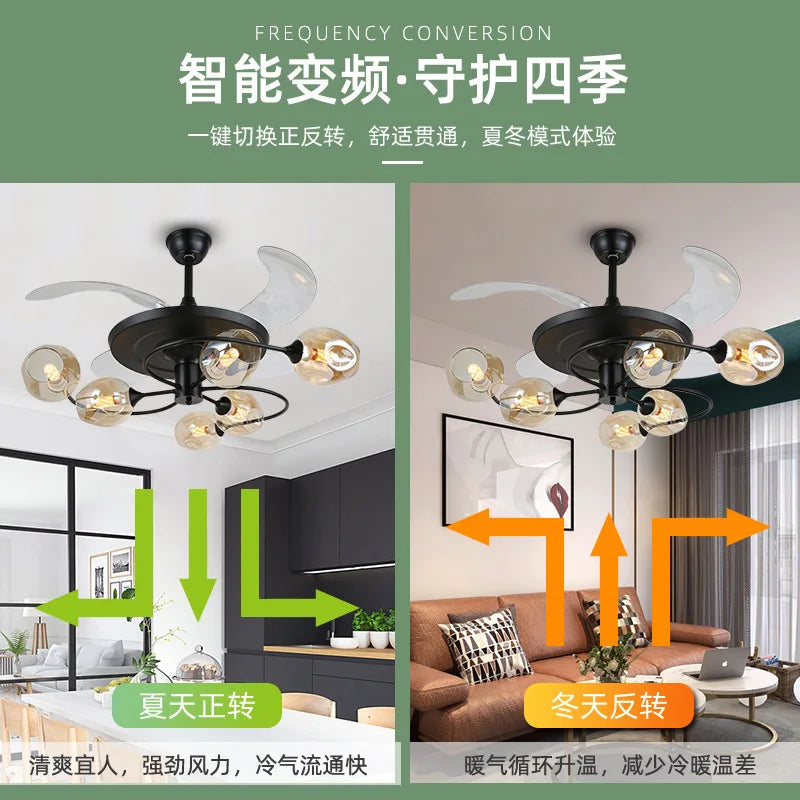NEW Invisible Fan Light - Minimalist Living Room Ceiling Fan with Glass Lampshades and Remote Control