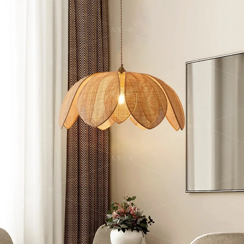 Japanese Style Handmade Woven Rattan Petal Chandelier - Unique Lighting for Dining, Bedroom, and Living Spaces