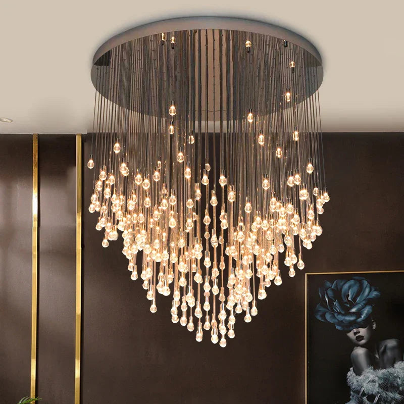 Exquisite Modern Long Staircase Chandelier - Large Gold LED Luxury Crystal Ball Fixture for Grand Living Spaces and Hotel Exhibitions