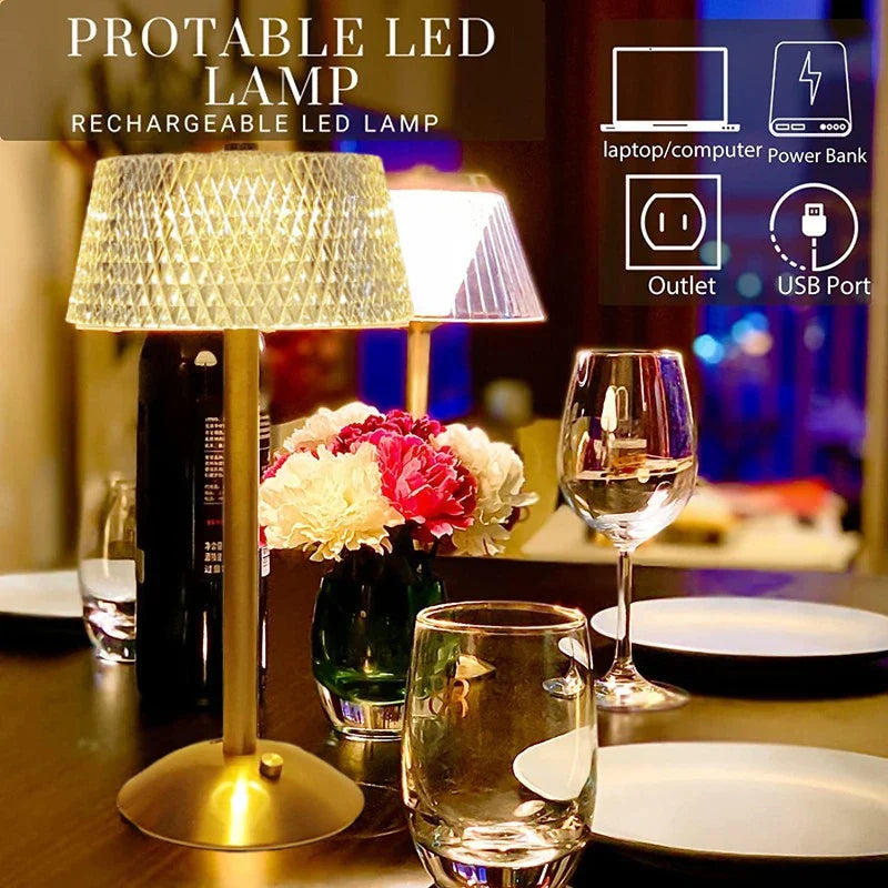 Crystal Diamond Table Lamp - Retro LED Bar Desk Lamp with USB Rechargeable Eye Protection Night Light